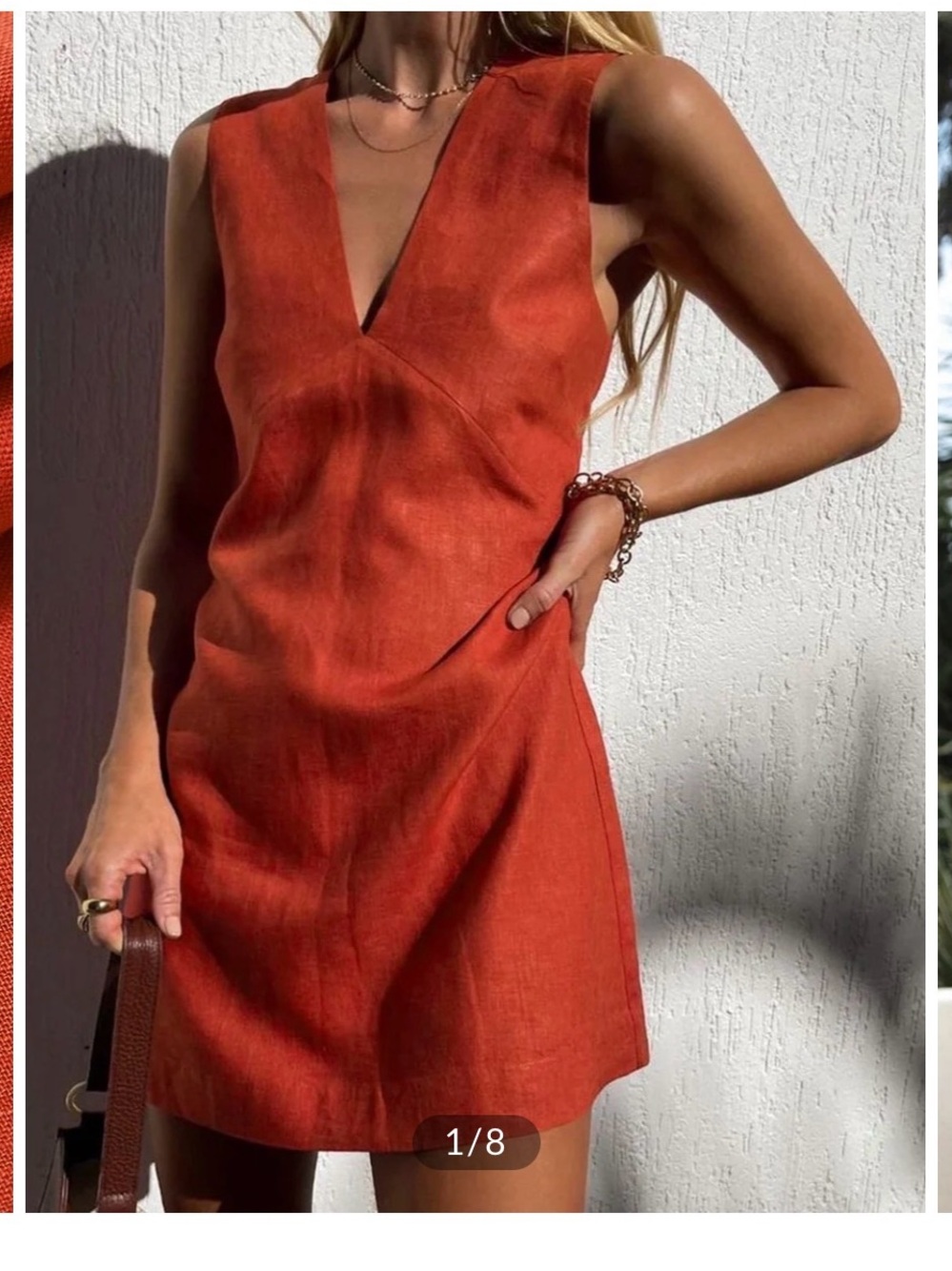 Commense Sleeveless Red V-Neck Mini Dress A Line Linen Cotton Blend Size M